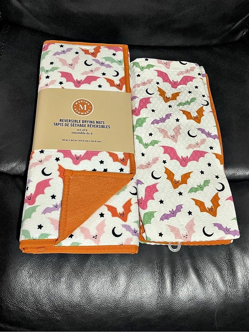 Martha Stewart Halloween Bats Kitchen Towels (Set of 3) and Drying Mats (2)